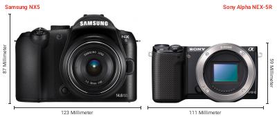 Größenvergleich: Samsung NX5 vs. Sony Alpha NEX-5R Größenvergleich: Samsung NX5 vs. Sony Alpha NEX-5R