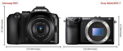 Größenvergleich: Samsung NX5 vs. Sony Alpha NEX-7 Größenvergleich: Samsung NX5 vs. Sony Alpha NEX-7
