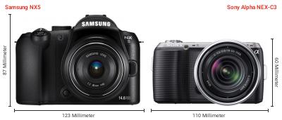 Größenvergleich: Samsung NX5 vs. Sony Alpha NEX-C3 Größenvergleich: Samsung NX5 vs. Sony Alpha NEX-C3