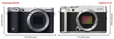Größenvergleich: Samsung NX500 vs. Fujifilm X-A7 Größenvergleich: Samsung NX500 vs. Fujifilm X-A7
