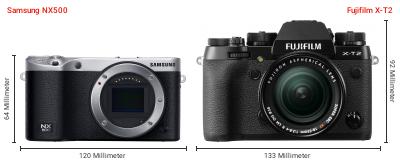 Größenvergleich: Samsung NX500 vs. Fujifilm X-T2 Größenvergleich: Samsung NX500 vs. Fujifilm X-T2
