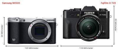 Größenvergleich: Samsung NX500 vs. Fujifilm X-T20 Größenvergleich: Samsung NX500 vs. Fujifilm X-T20