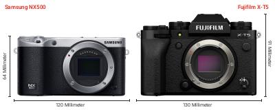 Größenvergleich: Samsung NX500 vs. Fujifilm X-T5 Größenvergleich: Samsung NX500 vs. Fujifilm X-T5
