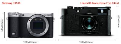 Größenvergleich: Samsung NX500 vs. Leica M10 Monochrom (Typ 6376) Größenvergleich: Samsung NX500 vs. Leica M10 Monochrom (Typ 6376)