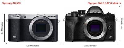 Größenvergleich: Samsung NX500 vs. OM System OM-D E-M10 Mark IV Größenvergleich: Samsung NX500 vs. OM System OM-D E-M10 Mark IV