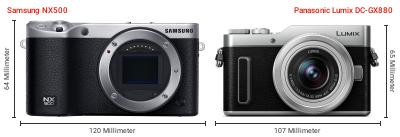 Größenvergleich: Samsung NX500 vs. Panasonic Lumix DC-GX880 Größenvergleich: Samsung NX500 vs. Panasonic Lumix DC-GX880