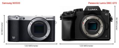 Größenvergleich: Samsung NX500 vs. Panasonic Lumix DMC-G70 Größenvergleich: Samsung NX500 vs. Panasonic Lumix DMC-G70