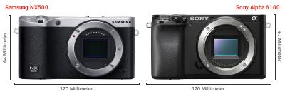 Größenvergleich: Samsung NX500 vs. Sony Alpha 6100 Größenvergleich: Samsung NX500 vs. Sony Alpha 6100