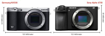 Größenvergleich: Samsung NX500 vs. Sony Alpha 6700 Größenvergleich: Samsung NX500 vs. Sony Alpha 6700
