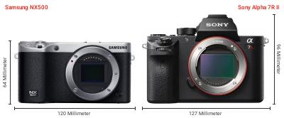 Größenvergleich: Samsung NX500 vs. Sony Alpha 7R II Größenvergleich: Samsung NX500 vs. Sony Alpha 7R II