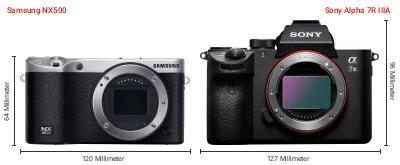 Größenvergleich: Samsung NX500 vs. Sony Alpha 7R IIIA Größenvergleich: Samsung NX500 vs. Sony Alpha 7R IIIA