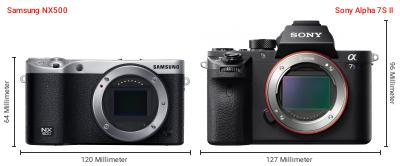 Größenvergleich: Samsung NX500 vs. Sony Alpha 7S II Größenvergleich: Samsung NX500 vs. Sony Alpha 7S II