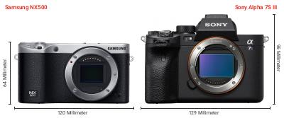 Größenvergleich: Samsung NX500 vs. Sony Alpha 7S III Größenvergleich: Samsung NX500 vs. Sony Alpha 7S III