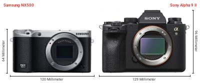 Größenvergleich: Samsung NX500 vs. Sony Alpha 9 II Größenvergleich: Samsung NX500 vs. Sony Alpha 9 II