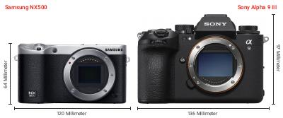 Größenvergleich: Samsung NX500 vs. Sony Alpha 9 III Größenvergleich: Samsung NX500 vs. Sony Alpha 9 III
