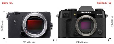 Größenvergleich: Sigma fp L vs. Fujifilm X-T50 Größenvergleich: Sigma fp L vs. Fujifilm X-T50