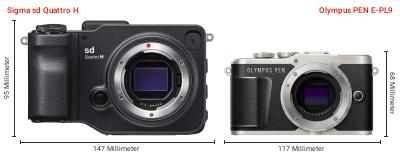 Größenvergleich: Sigma sd Quattro H vs. OM System PEN E-PL9 Größenvergleich: Sigma sd Quattro H vs. OM System PEN E-PL9