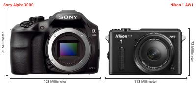 Größenvergleich: Sony Alpha 3000 vs. Nikon 1 AW1 Größenvergleich: Sony Alpha 3000 vs. Nikon 1 AW1