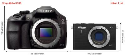 Größenvergleich: Sony Alpha 3000 vs. Nikon 1 J4 Größenvergleich: Sony Alpha 3000 vs. Nikon 1 J4