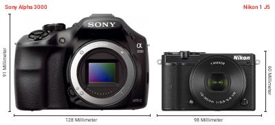 Größenvergleich: Sony Alpha 3000 vs. Nikon 1 J5 Größenvergleich: Sony Alpha 3000 vs. Nikon 1 J5