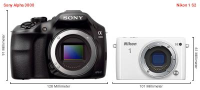 Größenvergleich: Sony Alpha 3000 vs. Nikon 1 S2 Größenvergleich: Sony Alpha 3000 vs. Nikon 1 S2