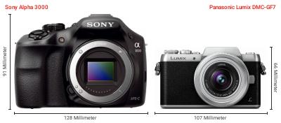 Größenvergleich: Sony Alpha 3000 vs. Panasonic Lumix DMC-GF7 Größenvergleich: Sony Alpha 3000 vs. Panasonic Lumix DMC-GF7