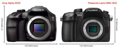 Größenvergleich: Sony Alpha 3000 vs. Panasonic Lumix DMC-GH4 Größenvergleich: Sony Alpha 3000 vs. Panasonic Lumix DMC-GH4