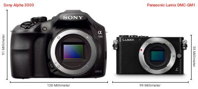 Größenvergleich: Sony Alpha 3000 vs. Panasonic Lumix DMC-GM1 Größenvergleich: Sony Alpha 3000 vs. Panasonic Lumix DMC-GM1