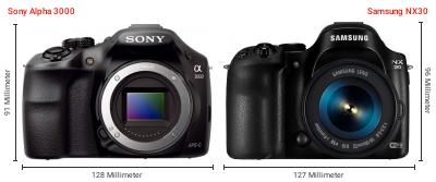Größenvergleich: Sony Alpha 3000 vs. Samsung NX30 Größenvergleich: Sony Alpha 3000 vs. Samsung NX30