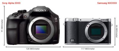 Größenvergleich: Sony Alpha 3000 vs. Samsung NX3000 Größenvergleich: Sony Alpha 3000 vs. Samsung NX3000