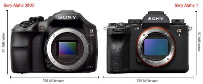 Größenvergleich: Sony Alpha 3000 vs. Sony Alpha 1 Größenvergleich: Sony Alpha 3000 vs. Sony Alpha 1