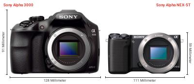 Größenvergleich: Sony Alpha 3000 vs. Sony Alpha NEX-5T Größenvergleich: Sony Alpha 3000 vs. Sony Alpha NEX-5T