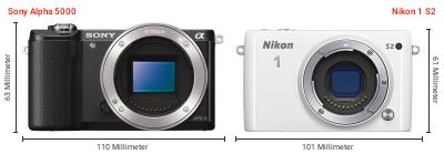 Größenvergleich: Sony Alpha 5000 vs. Nikon 1 S2 Größenvergleich: Sony Alpha 5000 vs. Nikon 1 S2