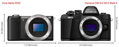 Größenvergleich: Sony Alpha 5000 vs. OM System OM-D E-M10 Mark II Größenvergleich: Sony Alpha 5000 vs. OM System OM-D E-M10 Mark II