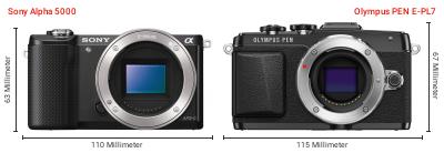 Größenvergleich: Sony Alpha 5000 vs. OM System PEN E-PL7 Größenvergleich: Sony Alpha 5000 vs. OM System PEN E-PL7