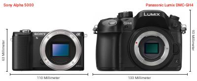 Größenvergleich: Sony Alpha 5000 vs. Panasonic Lumix DMC-GH4 Größenvergleich: Sony Alpha 5000 vs. Panasonic Lumix DMC-GH4