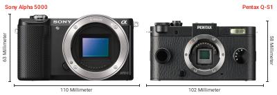 Größenvergleich: Sony Alpha 5000 vs. Pentax Q-S1 Größenvergleich: Sony Alpha 5000 vs. Pentax Q-S1