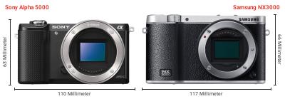 Größenvergleich: Sony Alpha 5000 vs. Samsung NX3000 Größenvergleich: Sony Alpha 5000 vs. Samsung NX3000