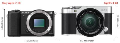 Größenvergleich: Sony Alpha 5100 vs. Fujifilm X-A3 Größenvergleich: Sony Alpha 5100 vs. Fujifilm X-A3