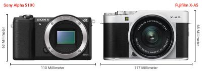 Größenvergleich: Sony Alpha 5100 vs. Fujifilm X-A5 Größenvergleich: Sony Alpha 5100 vs. Fujifilm X-A5