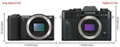 Größenvergleich: Sony Alpha 5100 vs. Fujifilm X-T30 Größenvergleich: Sony Alpha 5100 vs. Fujifilm X-T30