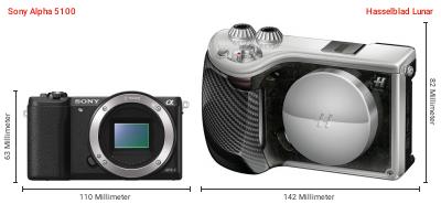 Größenvergleich: Sony Alpha 5100 vs. Hasselblad Lunar Größenvergleich: Sony Alpha 5100 vs. Hasselblad Lunar