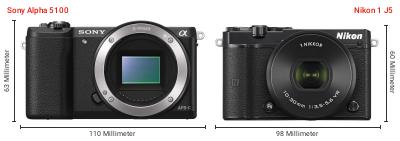 Größenvergleich: Sony Alpha 5100 vs. Nikon 1 J5 Größenvergleich: Sony Alpha 5100 vs. Nikon 1 J5