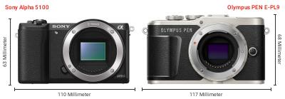 Größenvergleich: Sony Alpha 5100 vs. OM System PEN E-PL9