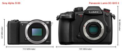 Größenvergleich: Sony Alpha 5100 vs. Panasonic Lumix DC-GH5 II Größenvergleich: Sony Alpha 5100 vs. Panasonic Lumix DC-GH5 II