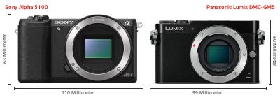 Größenvergleich: Sony Alpha 5100 vs. Panasonic Lumix DMC-GM5 Größenvergleich: Sony Alpha 5100 vs. Panasonic Lumix DMC-GM5