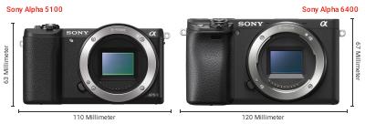 Größenvergleich: Sony Alpha 5100 vs. Sony Alpha 6400 Größenvergleich: Sony Alpha 5100 vs. Sony Alpha 6400
