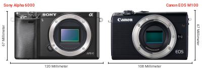 Größenvergleich: Sony Alpha 6000 vs. Canon EOS M100 Größenvergleich: Sony Alpha 6000 vs. Canon EOS M100
