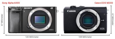 Größenvergleich: Sony Alpha 6000 vs. Canon EOS M200 Größenvergleich: Sony Alpha 6000 vs. Canon EOS M200