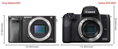 Größenvergleich: Sony Alpha 6000 vs. Canon EOS M50 Größenvergleich: Sony Alpha 6000 vs. Canon EOS M50